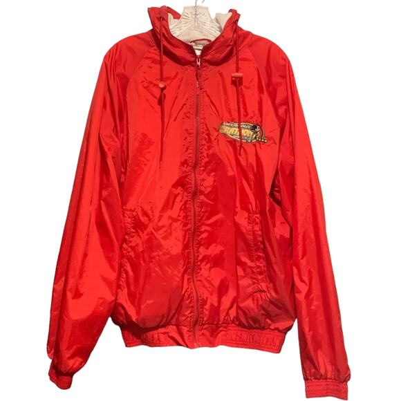 Walt Disney World Marathon Windbreaker L Jacket Red Zip Front Hoody Embroidered - Picture 1 of 9